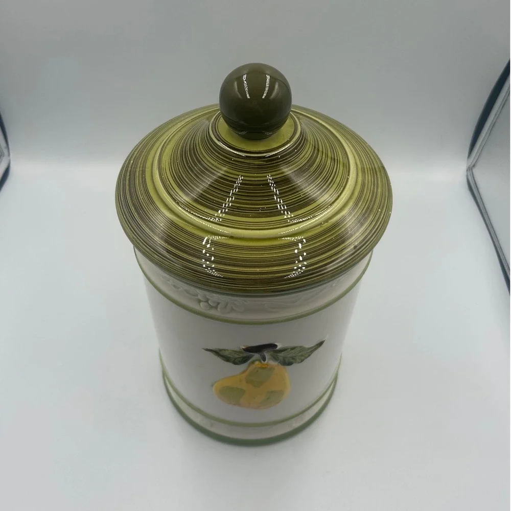 Ceramic Fruit Kitchen Canister with Lid Embossed Apple Pear White Green Trim